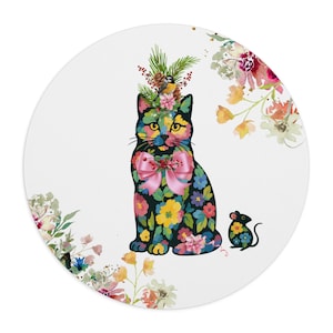 Floral Cat Mouse Pad - Cute Cat Lover&#39;s Desk Accessory, Office Gift, Home Decor, Pet Themed, Computer Mouse Mat
