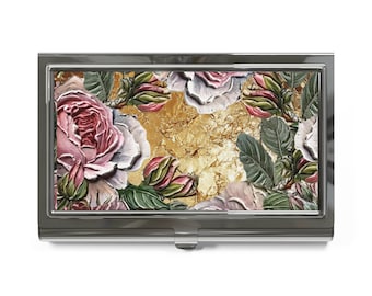 Vintage Pink Roses on Gold Leaf Business Card Holder | Personalized Floral Metal Case