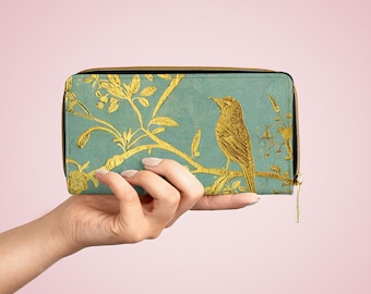 Botanical Zipper Wallet – Green Vine & Bird Clutch
