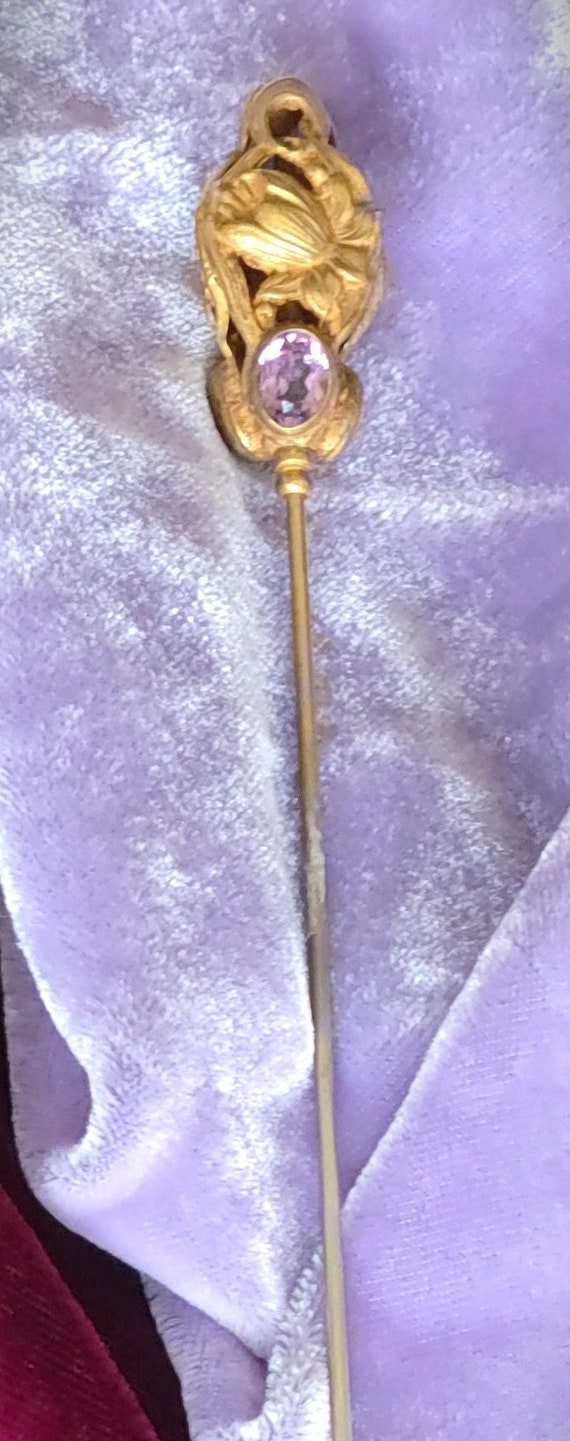 Art Nouveau Golden Hatpin, Brass RARE find Three A