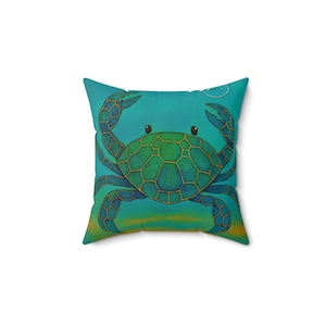 Blue Crab Square Pillow, Coastal Home Decor, Blue Crab Cushion, Beach House Throw Pillow, Gift for Nature Lovers