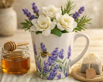 Lavender Bees Latte Mug | Floral Honeybee Ceramic Cup