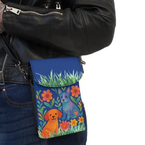 Carteira de celular com design de cachorro colorido, suporte fofo para celular, acessório para festivais, presente para amantes de animais de estimação, carteira estilosa e prática