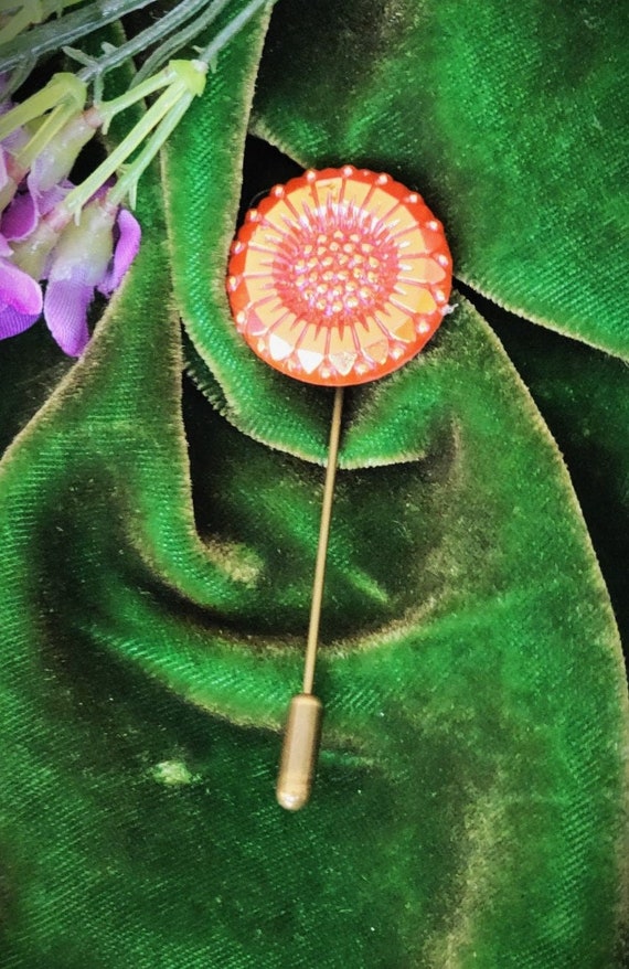 Antique Peach Glass Czech Button Stick Pin, Antiqu