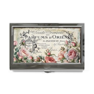 Visitekaartjeshouder - vintage Frans parfumlabel met ouderwetse rozen, visitekaartjeshouder met bloemen, retro bureauaccessoire, kantoor