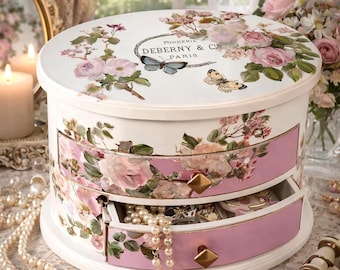 Vintage-Inspired Wooden Jewelry Box, Romantic Cottagecore Keepsake, Feminine Floral Design