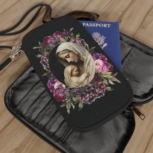 Cartera cruzada religiosa, diseño de la Virgen y el Niño Jesús, estampado floral de peonías, regalo cristiano, accesorio religioso, porta rosario