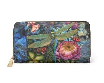 Dragonfly Print Zipper Wallet Clutch | Floral PU Leather Organizer
