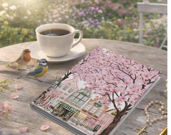 Cherry Blossom Street Scene Hardcover Journal | Sakura Trees & Painted Ladies