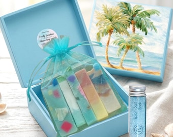 Coastal Spa Gift Set • Ocean Blue Mini Bath Box • Artisan Soap Strips • Sea Salt Vial • Seashells & Sea Glass • Seaside Cottage Gift
