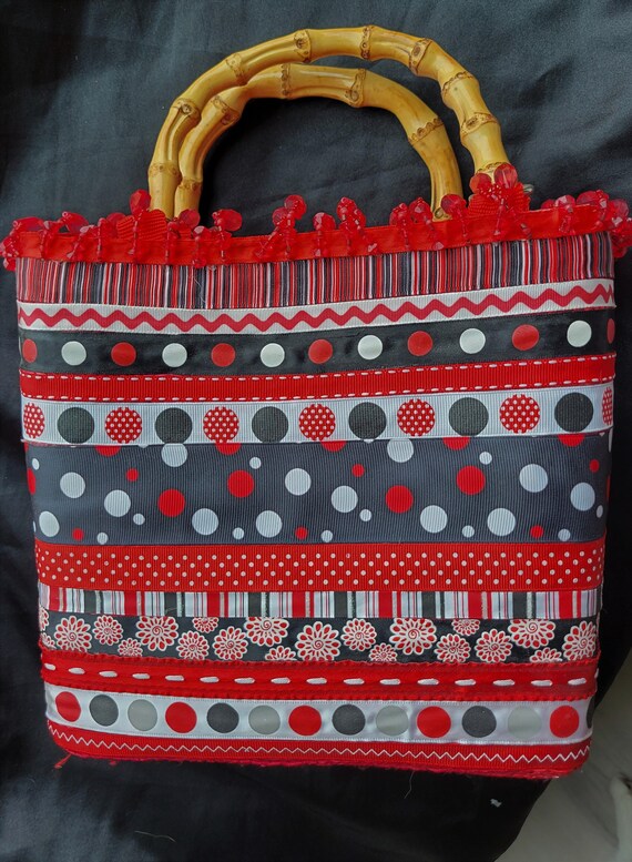 Handmade Straw & Bamboo Handle Handbag - Beaded, … - image 3