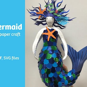 Mermaid 3D paper craft activity, SVG file for Cricut, vector templates, print-at-home PDF files, DIY kids' room decor
