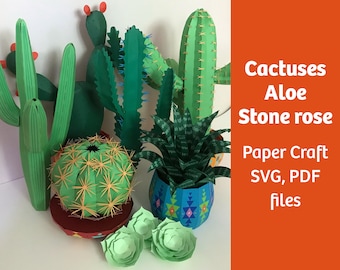 Cactus, Aloe paper craft activity kit, SVG for Cricut, PDF, vector digital templates, 3D low poly, DIY papercraft, home decor