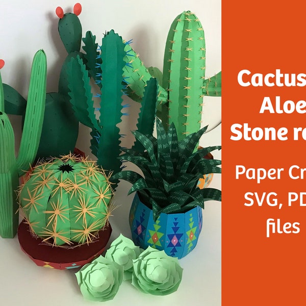 Cactus, Aloe paper craft activity kit, SVG for Cricut, PDF, vector digital templates, 3D low poly, DIY papercraft, home decor