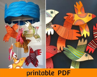 Birds hanging mobile, printable PDF, DIY papercraft, kids' room decor
