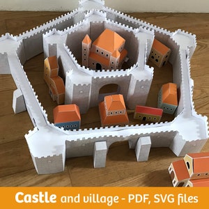 Castillo y casas de pueblo, manualidades de papel 3D, archivos SVG para Cricut, archivo PDF para imprimir en casa, patrón vectorial