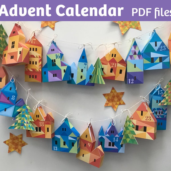 Advent Calendar, Advent Houses, paper craft kit, PDF, SVG files, Christmas decor