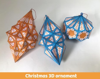 Christmas 3D ornament, paper craft festive lantern with winter floral pattern, PDF file templates