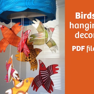 Birds hanging mobile, printable PDF, DIY papercraft, kids' room decor