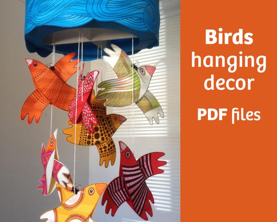 鳥の吊り下げモビール、印刷可能なPDF、DIYペーパークラフト、子供部屋