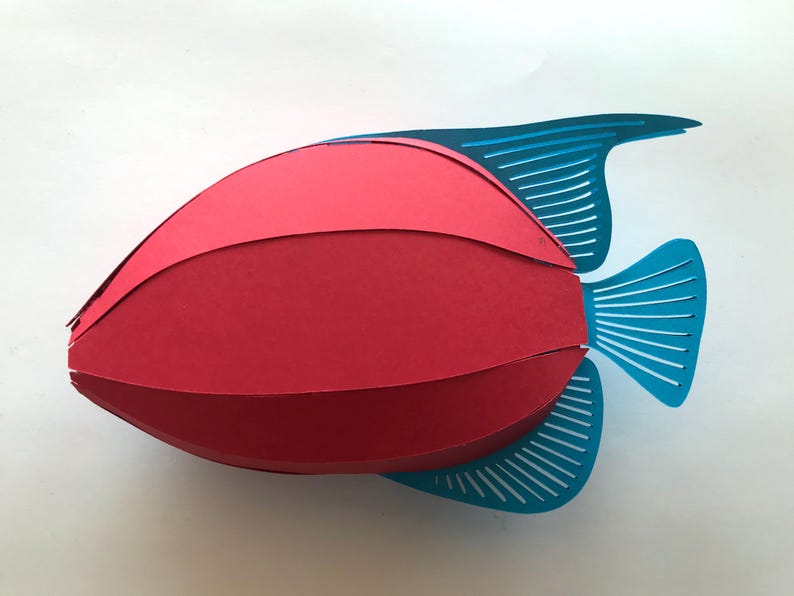 May include: A three-dimensional paper craft fish featuring a rounded, segmented red body. The fish has bright blue fins and a blue tail, each detailed with thin, parallel cut-out slits that create a striped, open-work appearance.