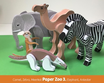 Paper Zoo 3. Papercraft Animals: Zebra, Elephant, Camel, Meerkat, Anteater, PDF files