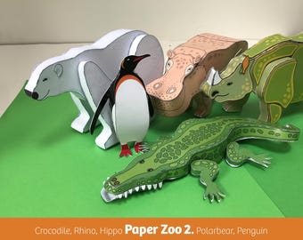 Paper Zoo 2. Papercraft Animals: Rhino, Hippo, Crocodile, Polar bear, Penguin, PDF files