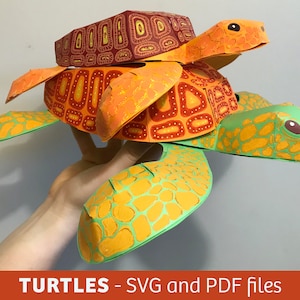Manualidad de papel con forma de tortuga, archivo SVG para Cricut, PDF, plantilla vectorial, proyecto de papel 3D, decoración de habitación infantil