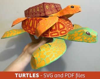Turtles paper craft, SVG file for Cricut, PDF, vector template, 3D paper project, children's room decoration