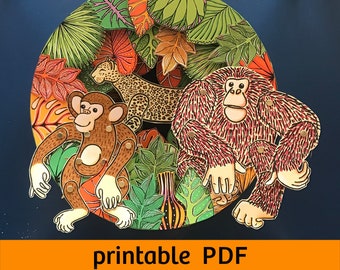 Jungle with monkeys, papercraft kit, printable PDF, DIY children's room walldecor