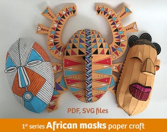 African masks (1st series) paper craft activities, PDF and SVG files, vector pattern