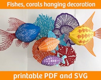 Fishes, corals, sea life hanging decor - paper craft kit, SVG file for Cricut, vector digital templates, PDF, 3D low poly, DIY papercraft