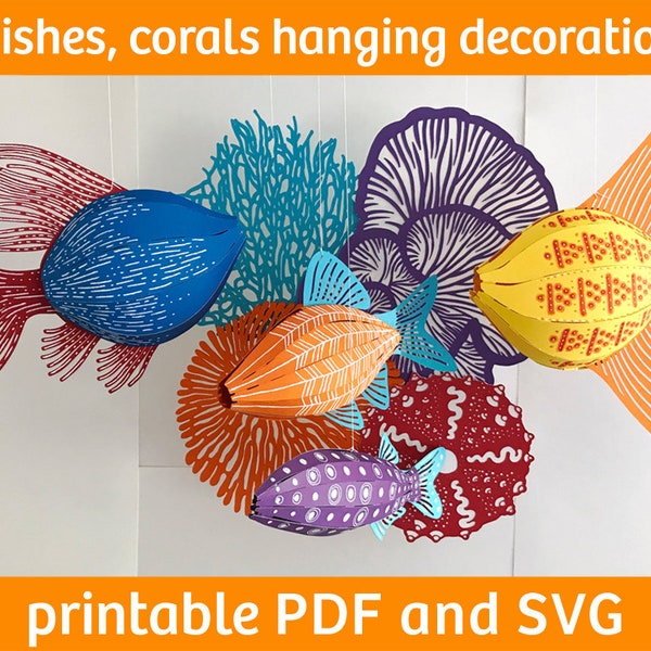 Fishes, corals, sea life hanging decor - paper craft kit, SVG file for Cricut, vector digital templates, PDF, 3D low poly, DIY papercraft