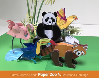 Paper Zoo 4. - Papercraft Animals: Panda, Toucan, Red Panda, Parrot, Flamingo, PDF Files
