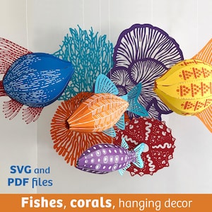 Mobile en papier sur le thème de la vie marine : poissons et coraux en 3D (fichiers PDF et SVG pour Cricut)