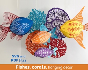 Mobile aus Papier zum Thema Meeresleben: 3D-Fische, Korallen (PDF-, SVG-Dateien für Cricut)