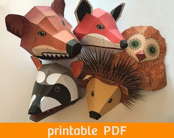 Fox, wolf, owl, raccoon, hedgehog puppets, printable PDF, DIY papercraft