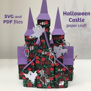 May include: A paper craft Halloween castle with purple roofs and black walls, decorated with red roses, green vines, white ghosts, and skeleton figures. The text SVG and PDF files and Halloween Castle paper craft is visible on the image.