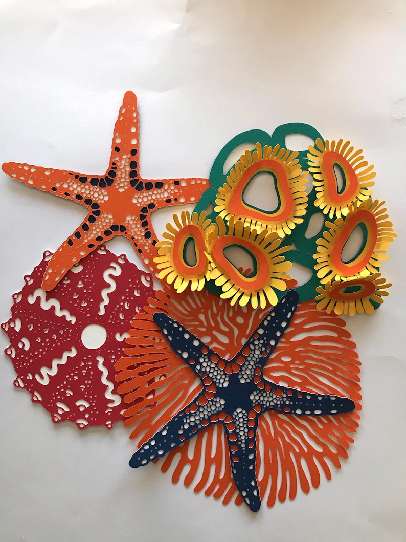 May include: A collection of intricate paper cutouts featuring two starfish, one in orange and one in dark blue, a red circular sea urchin shape, and a cluster of yellow and orange anemone-like forms layered over a dark green circular base.