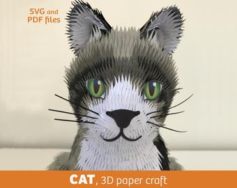 Cat, 3D paper craft, SVG files for Cricut, print-at-home PDF files, vector template