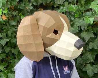 Máscara de papel 3D de perro beagle: Manualidad DIY de baja poli (plantillas SVG y PDF)