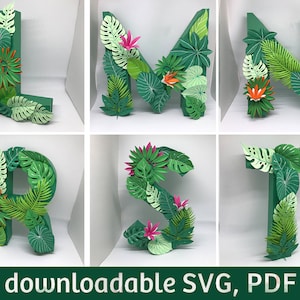 Letras con decoración de jungla, alfabetos 3D, SVG para Cricut, archivos pdr, manualidades de papel, plantillas vectoriales digitales