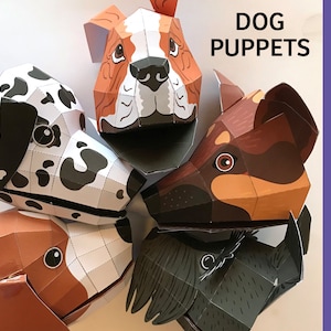 Dog puppets, paper craft kit (german shepherd, dalmatian, beagle, schnauzer, bulldog), printable PDF