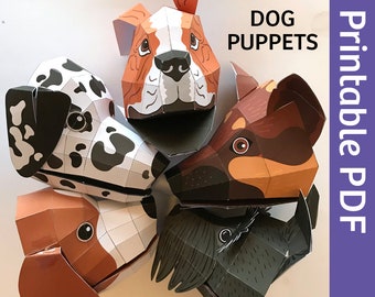 Dog puppets, paper craft kit (german shepherd, dalmatian, beagle, schnauzer, bulldog), printable PDF