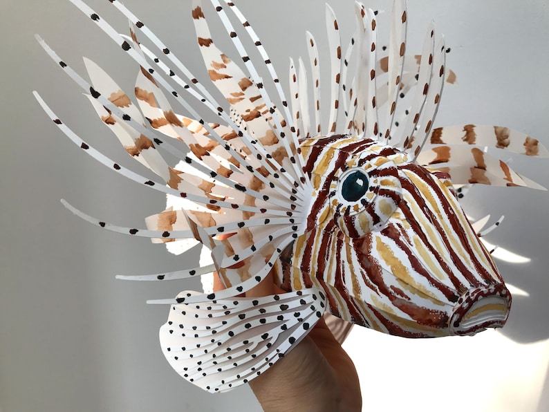 May include: A paper model of a lionfish with white, brown, and black stripes and spots. The lionfish has a large, fan-like fin on its back and a smaller fin on its belly.