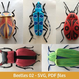 Paper beetles 02 papercraft kit, SVG, PDF file for Cricut, vector digital templates, 3D low poly, paper bugs walldecor