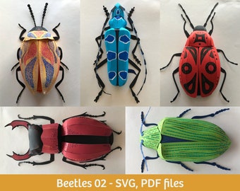 Paper beetles 02 papercraft kit, SVG, PDF file for Cricut, vector digital templates, 3D low poly, paper bugs walldecor