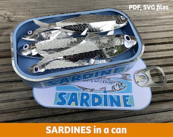 Sardines in a can 3D paper craft objects, SVG file for Cricut, print-at-home PDF files