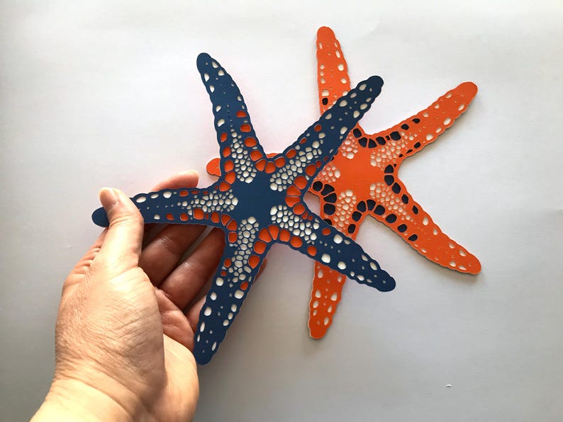 May include: Two flat, five-pointed starfish cutouts featuring intricate, organic, hole-filled patterns. One starfish is dark navy blue with an orange base layer, while the other is bright orange with a dark navy blue base layer, creating a contrast.