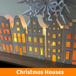 Casas navideñas, decoración de Adviento, casas estilo Ámsterdam, plantillas vectoriales